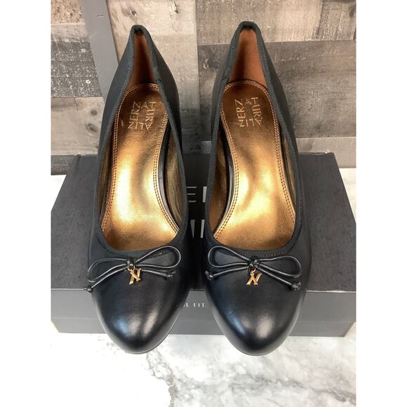 Naturalizer Women's 10W Black Leather Sienna Bow Pump Block Heels Slip On LB9-26 - Picture 2 of 8